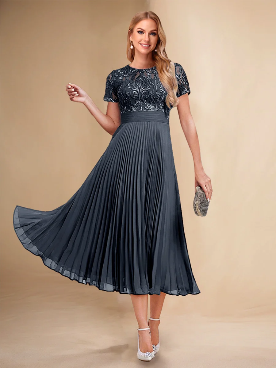 A-Line/Princess Scoop Short Sleeves Pleated Mother of the Bride Dresses with Appliques - Image 42