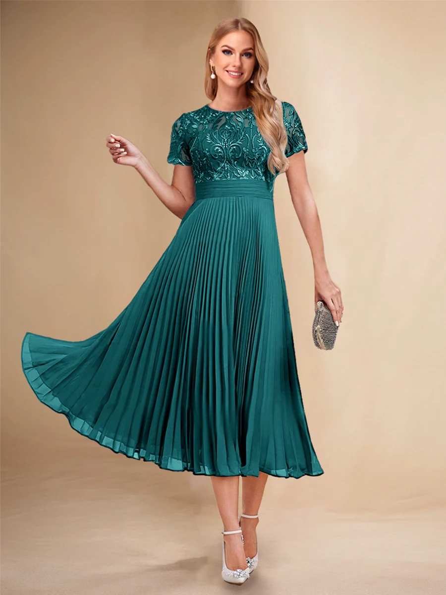 A-Line/Princess Scoop Short Sleeves Pleated Mother of the Bride Dresses with Appliques - Image 49