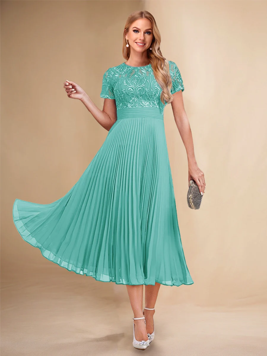 A-Line/Princess Scoop Short Sleeves Pleated Mother of the Bride Dresses with Appliques - Image 62