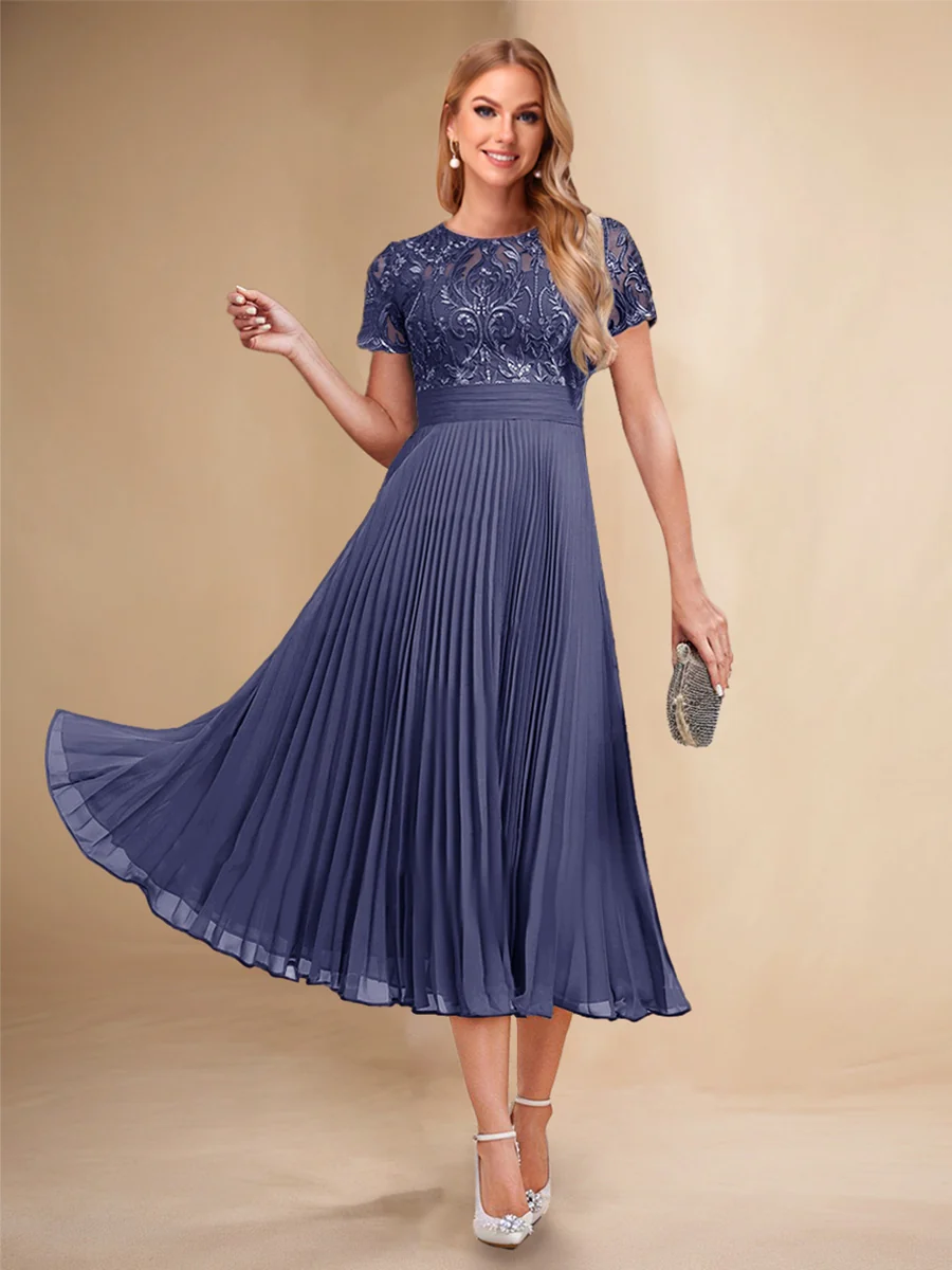 A-Line/Princess Scoop Short Sleeves Pleated Mother of the Bride Dresses with Appliques - Image 64