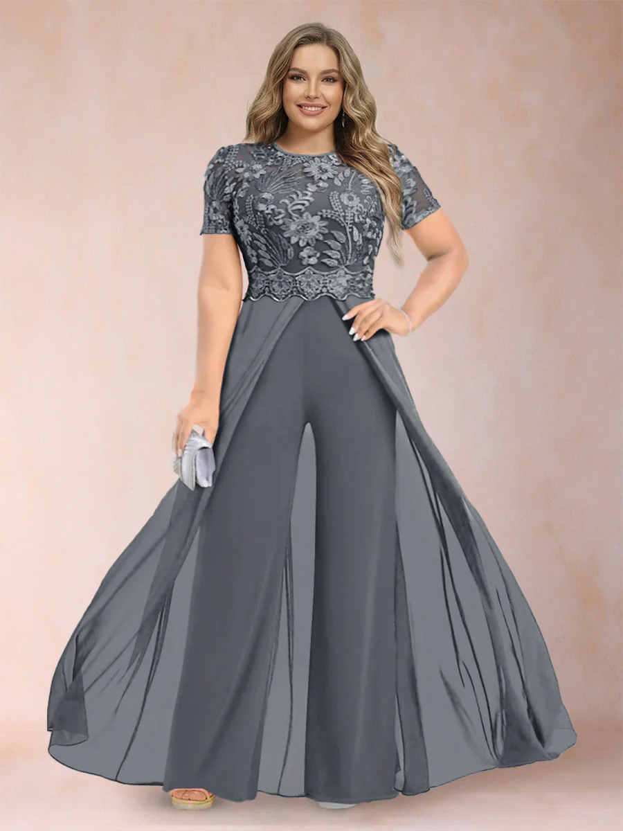 A-Line/Princess Scoop Short Sleeves Plus Size Mother of the Bride Jumpsuit with Applique - Image 22