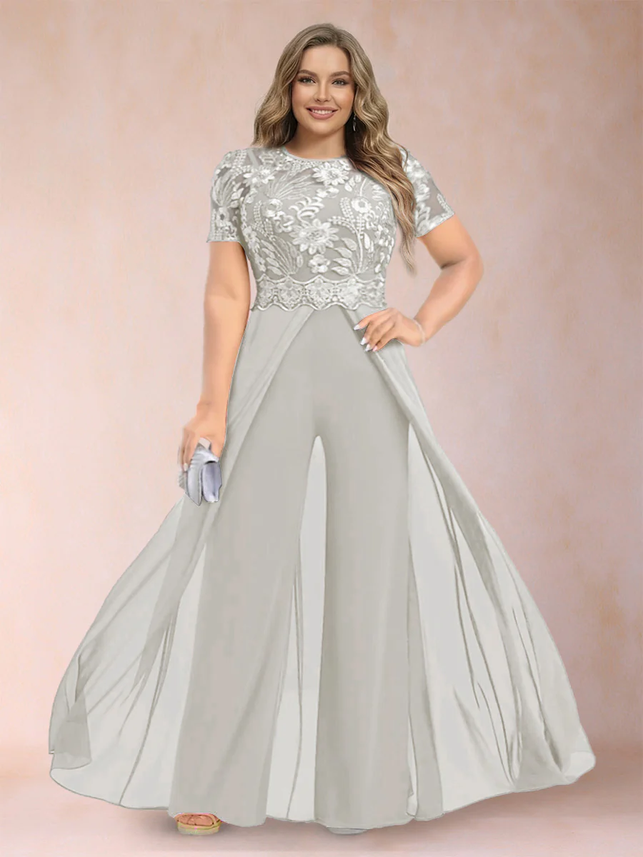 A-Line/Princess Scoop Short Sleeves Plus Size Mother of the Bride Jumpsuit with Applique - Image 24
