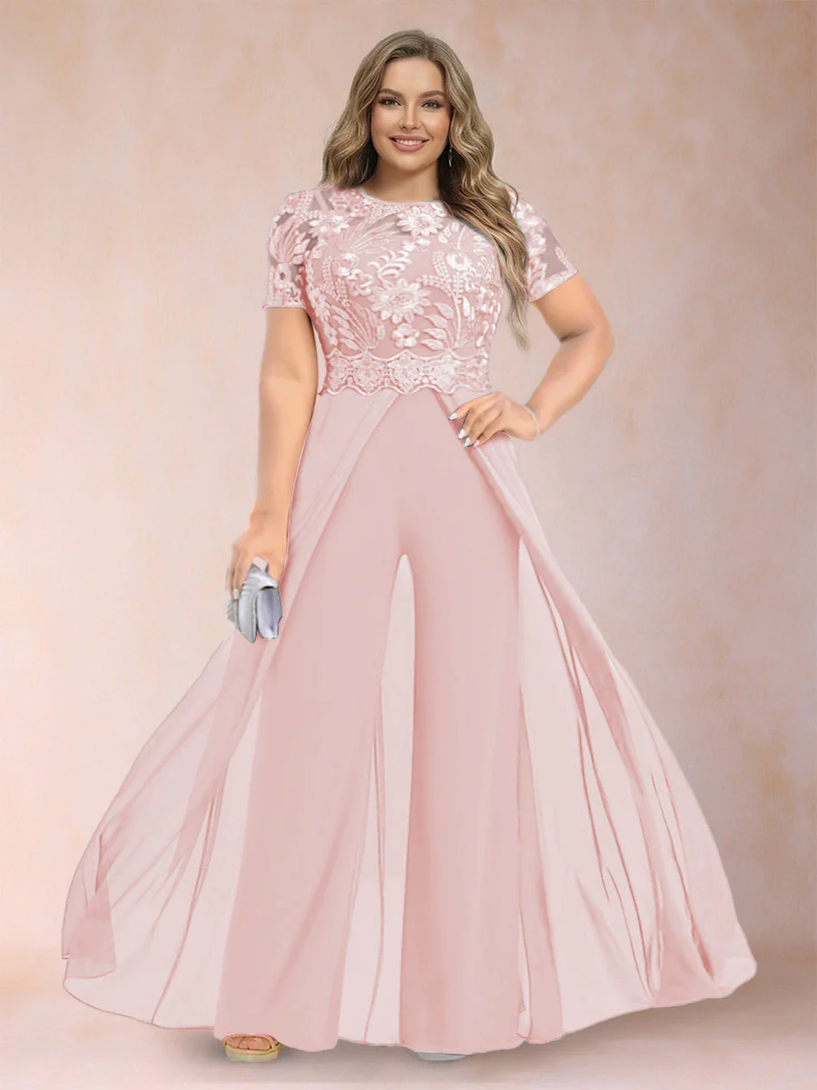 A-Line/Princess Scoop Short Sleeves Plus Size Mother of the Bride Jumpsuit with Applique - Image 29