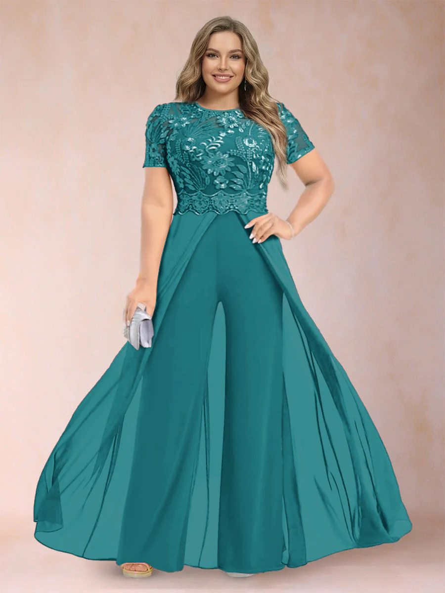 A-Line/Princess Scoop Short Sleeves Plus Size Mother of the Bride Jumpsuit with Applique - Image 3