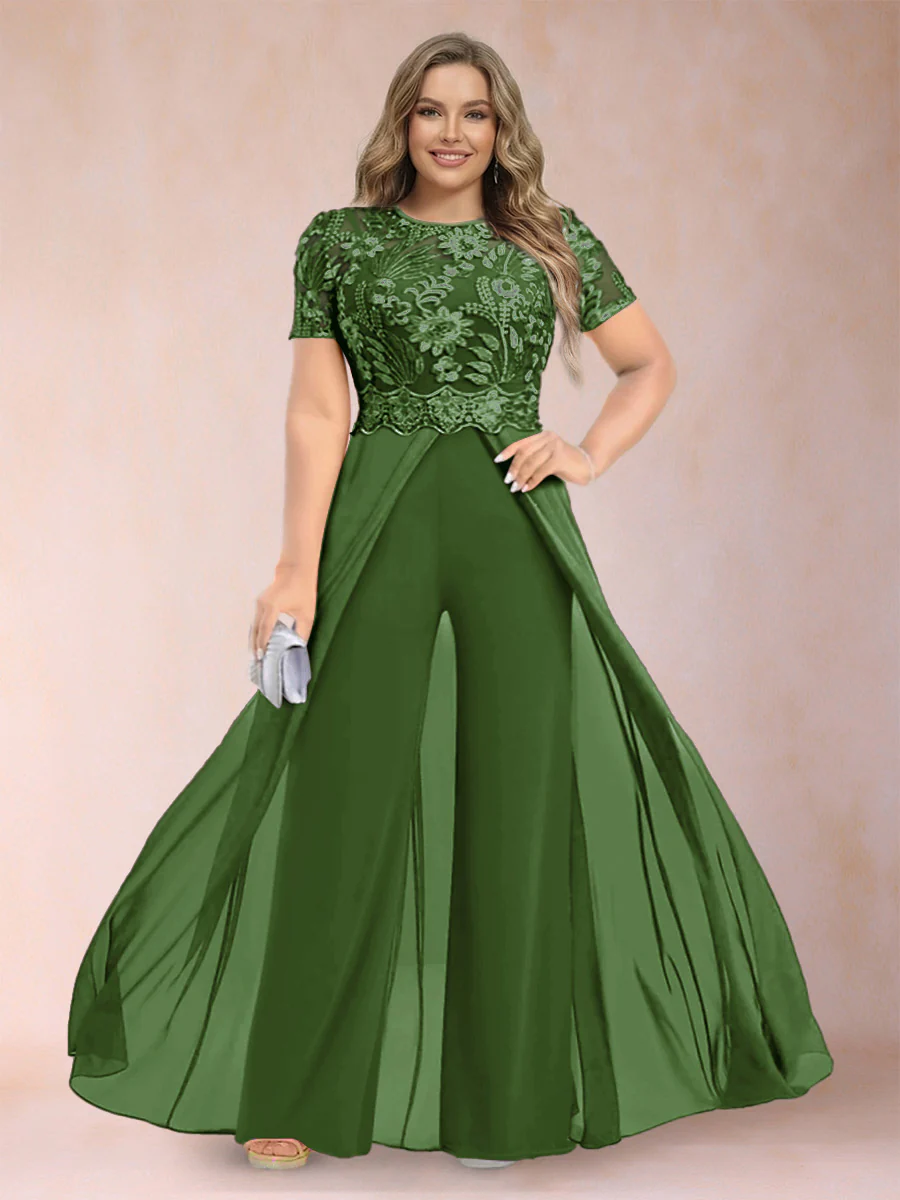 A-Line/Princess Scoop Short Sleeves Plus Size Mother of the Bride Jumpsuit with Applique - Image 40