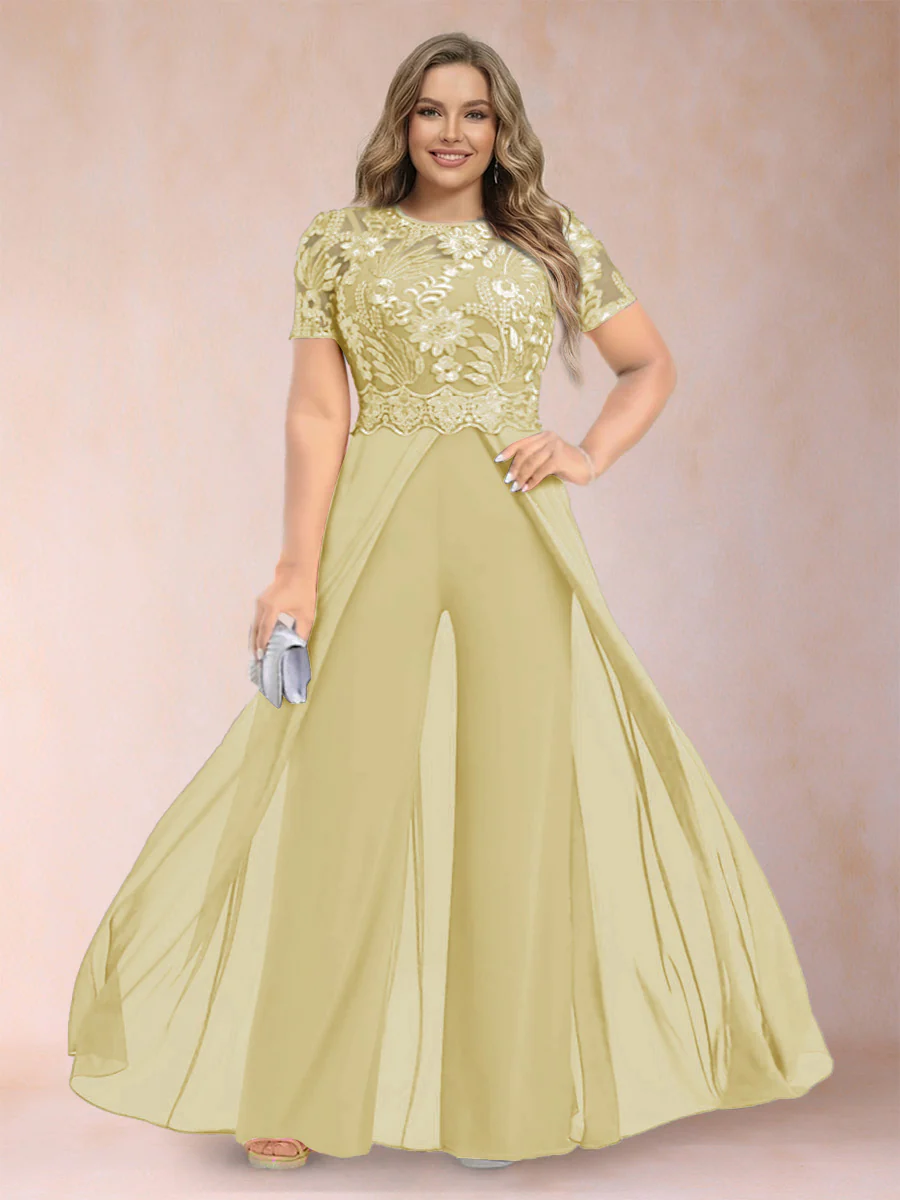 A-Line/Princess Scoop Short Sleeves Plus Size Mother of the Bride Jumpsuit with Applique - Image 62
