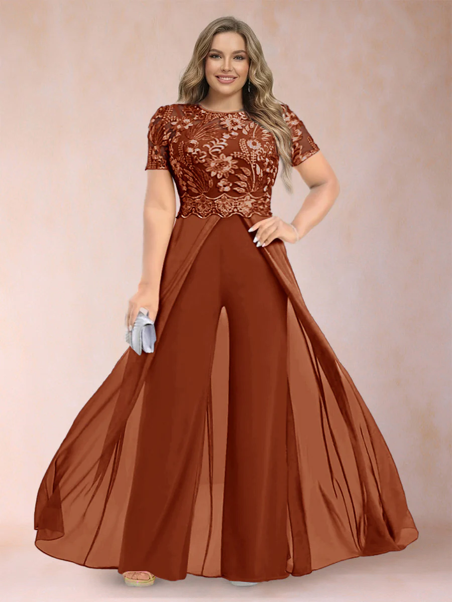 A-Line/Princess Scoop Short Sleeves Plus Size Mother of the Bride Jumpsuit with Applique - Image 63