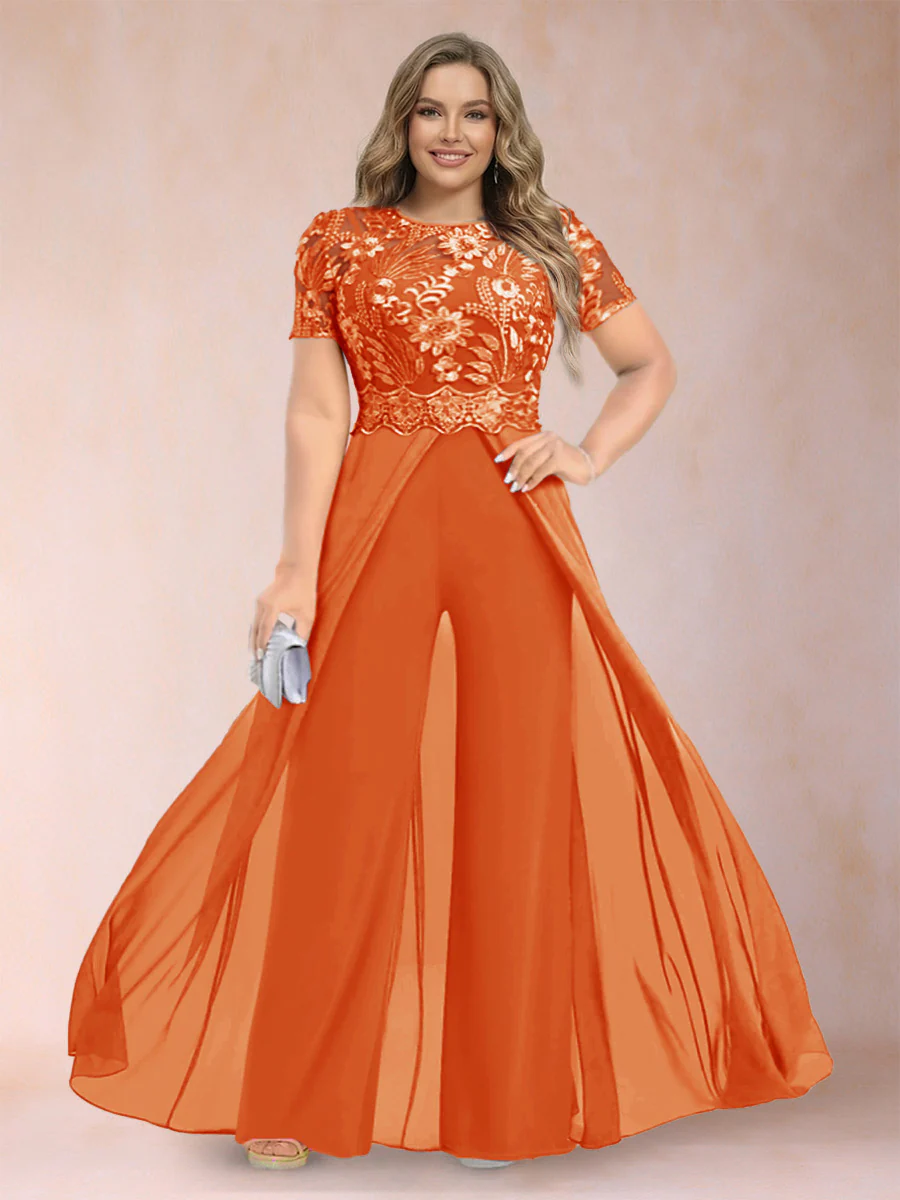 A-Line/Princess Scoop Short Sleeves Plus Size Mother of the Bride Jumpsuit with Applique - Image 69