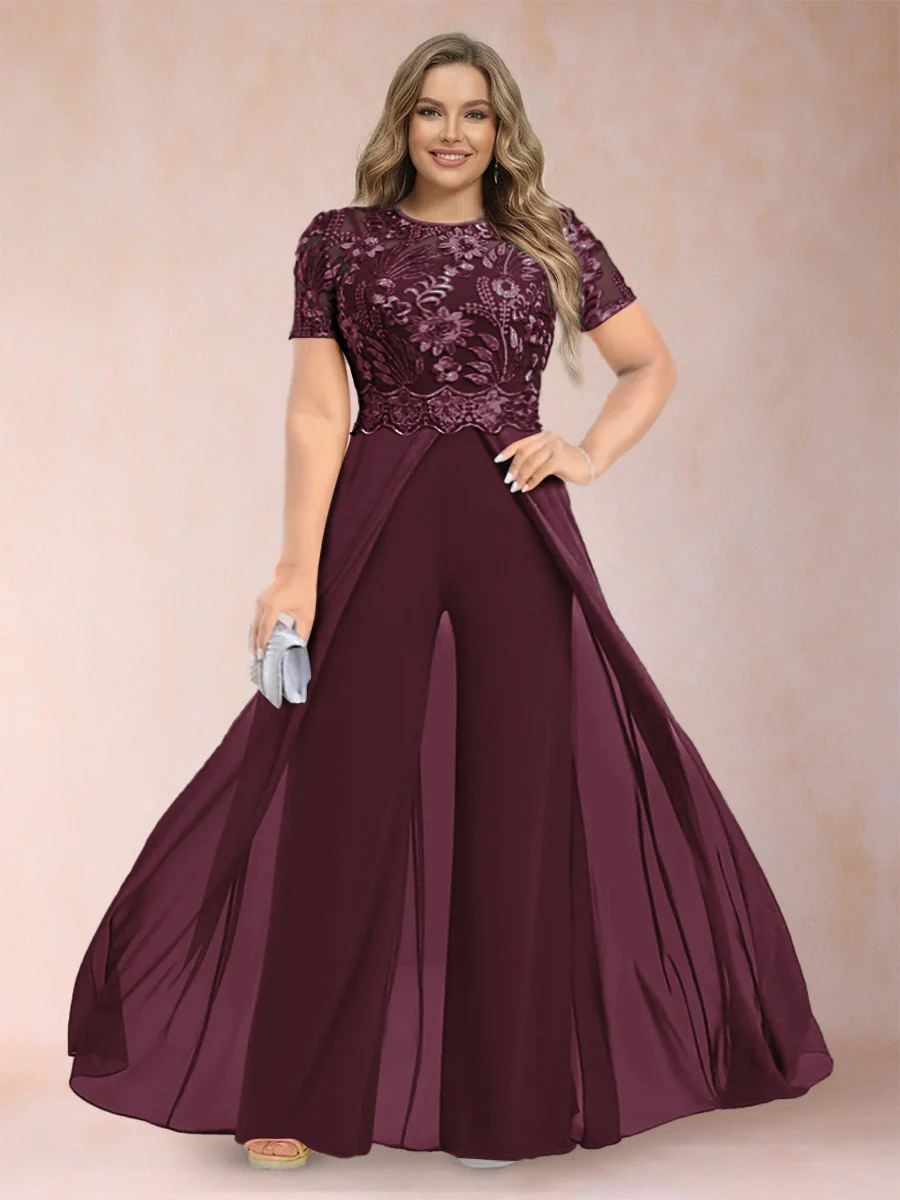 A-Line/Princess Scoop Short Sleeves Plus Size Mother of the Bride Jumpsuit with Applique - Image 7