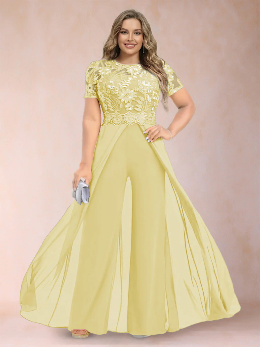 A-Line/Princess Scoop Short Sleeves Plus Size Mother of the Bride Jumpsuit with Applique - Image 8