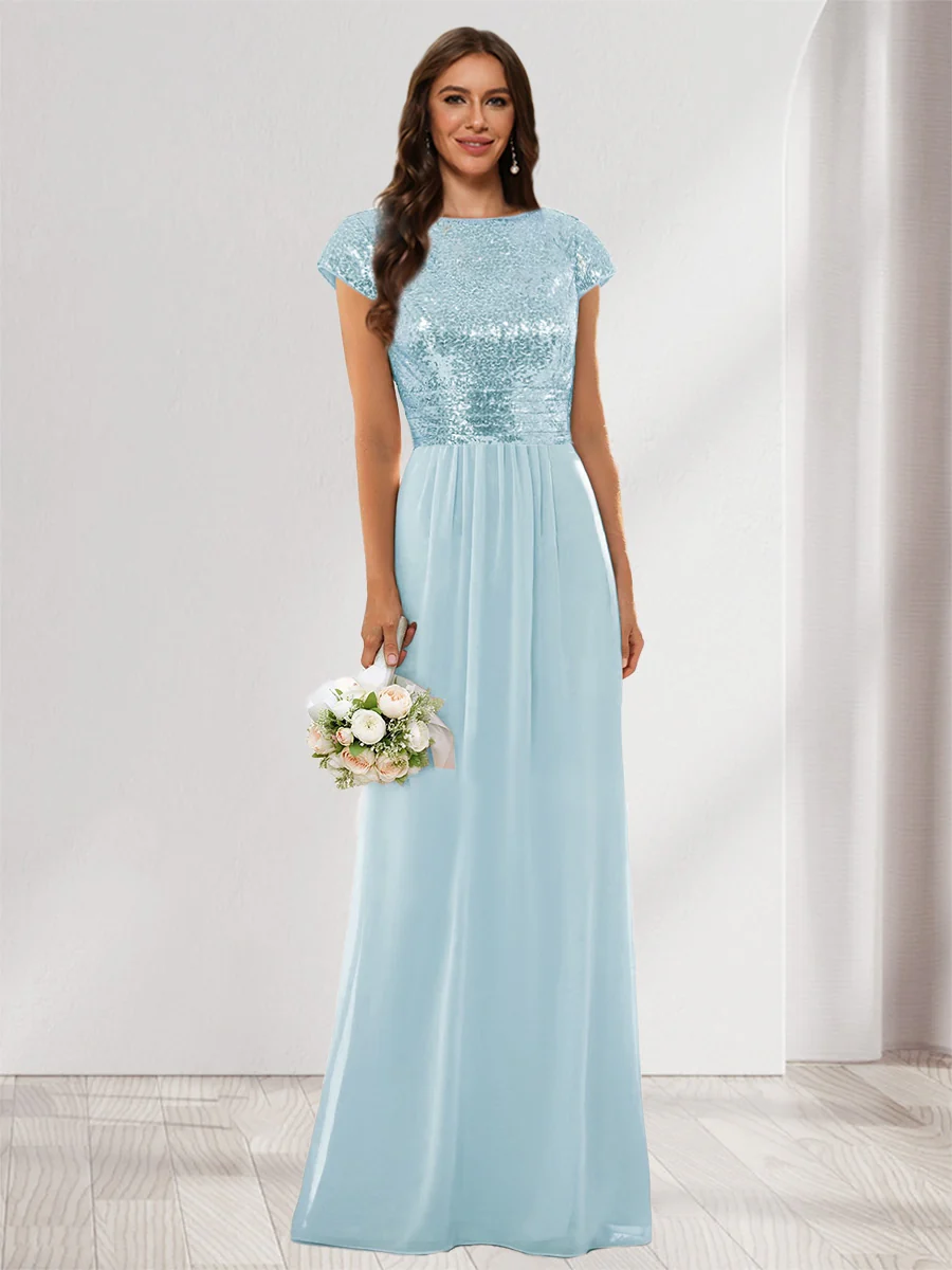A-Line/Princess Scoop Short Sleeves Sequins Bridesmaid Dresses - Image 10