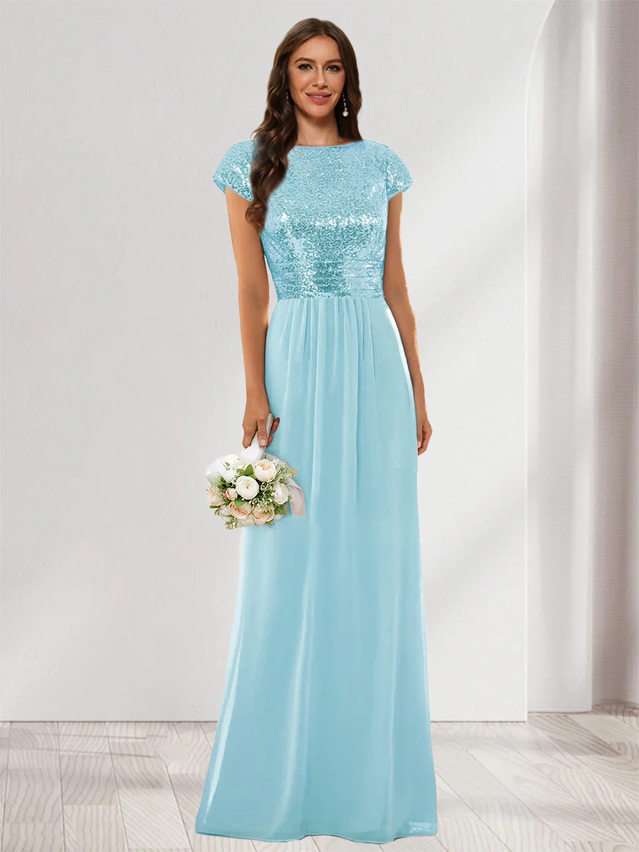 A-Line/Princess Scoop Short Sleeves Sequins Bridesmaid Dresses - Image 13