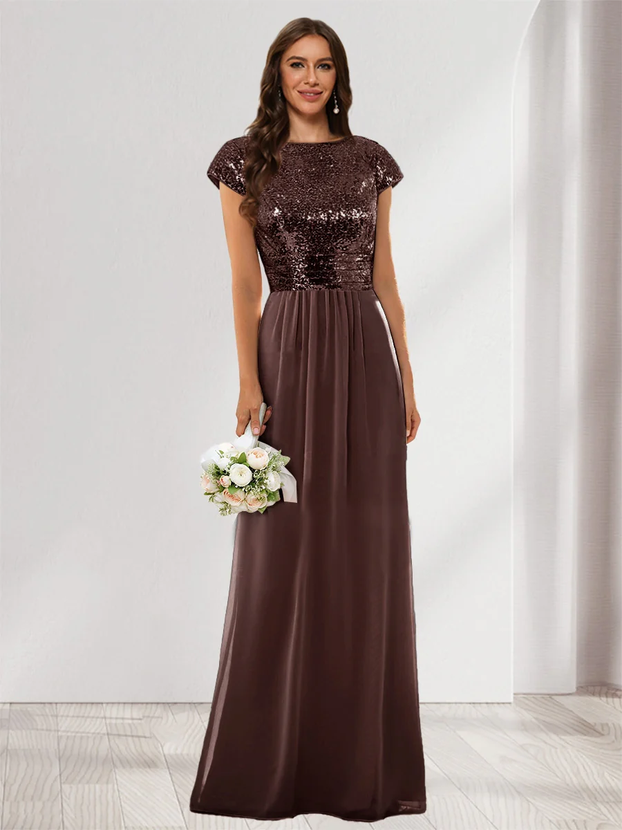 A-Line/Princess Scoop Short Sleeves Sequins Bridesmaid Dresses - Image 33
