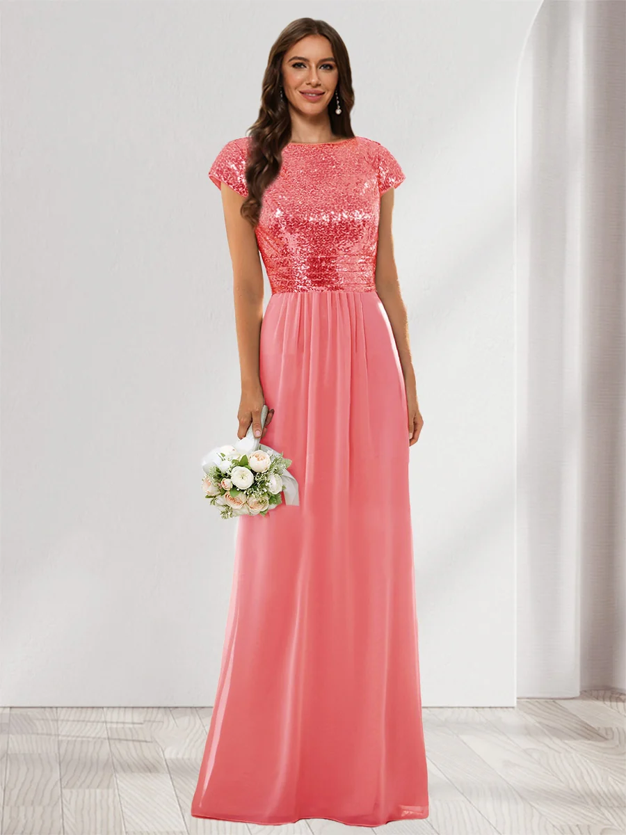 A-Line/Princess Scoop Short Sleeves Sequins Bridesmaid Dresses - Image 36