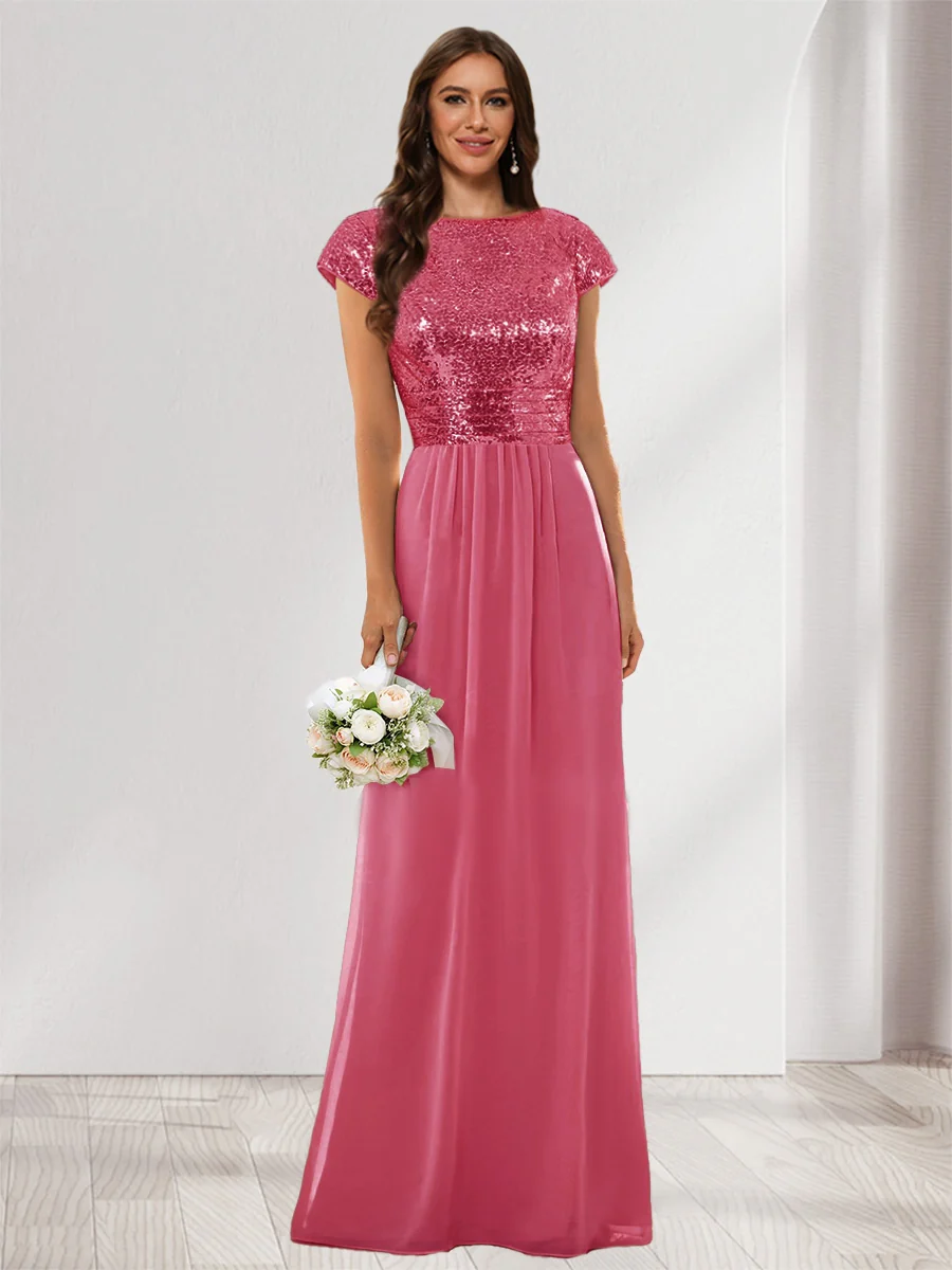A-Line/Princess Scoop Short Sleeves Sequins Bridesmaid Dresses - Image 45