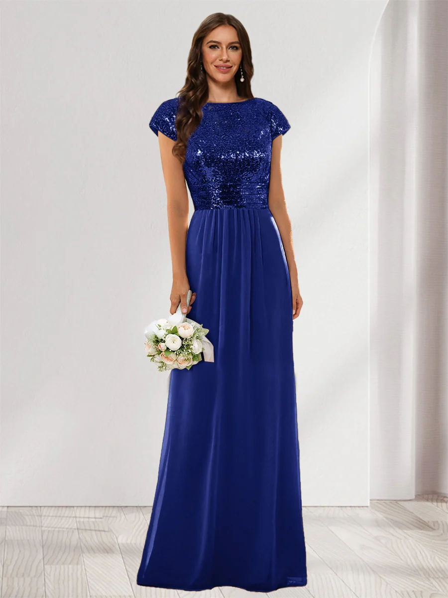 A-Line/Princess Scoop Short Sleeves Sequins Bridesmaid Dresses - Image 7