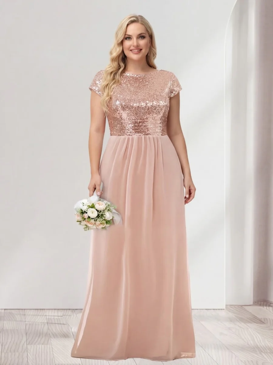A-Line/Princess Scoop Short Sleeves Sequins Plus Size Bridesmaid Dresses