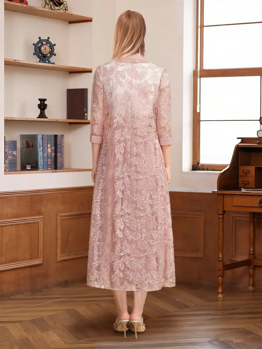 A-Line/Princess Scoop Short Sleeves Tea-Length Mother of the Bride with Applique & Lace - Image 2