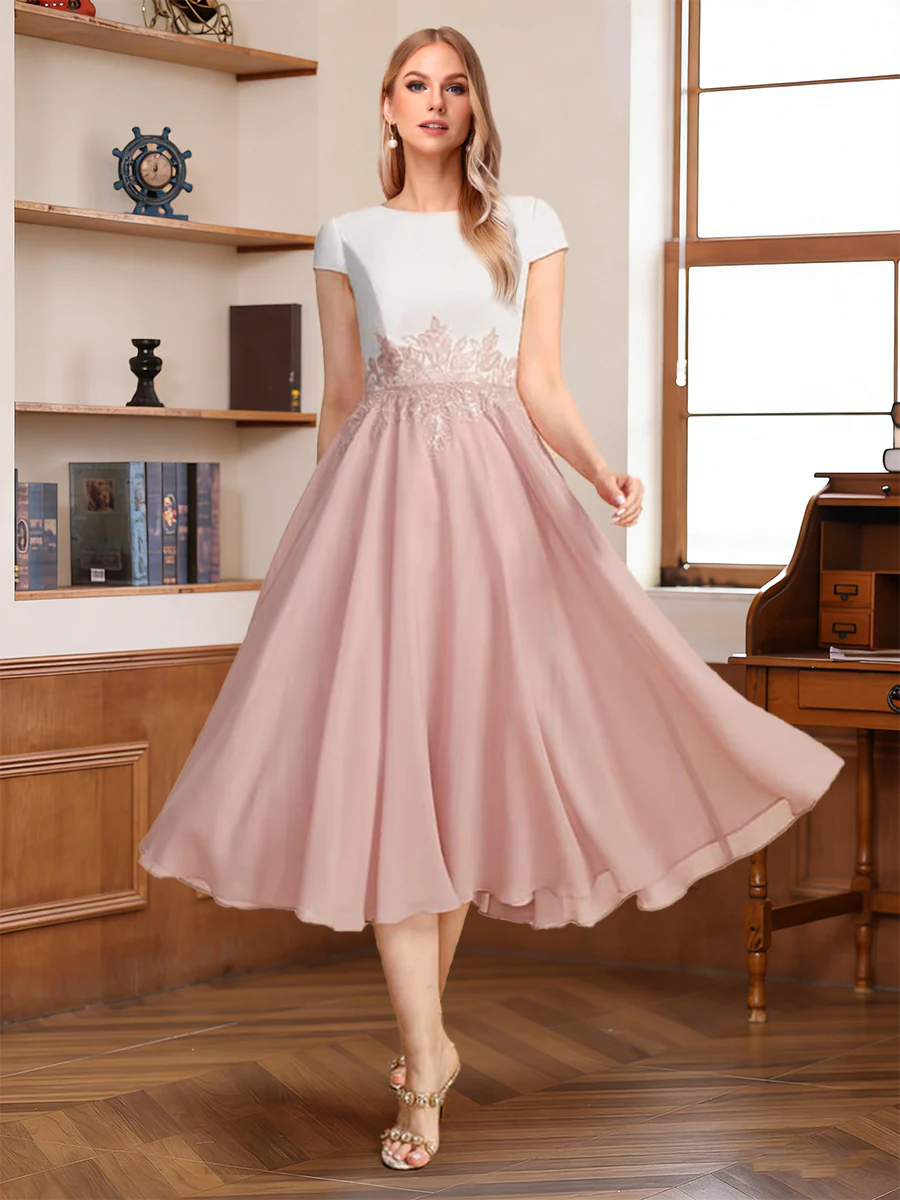 A-Line/Princess Scoop Short Sleeves Tea-Length Mother of the Bride with Applique & Lace - Image 4