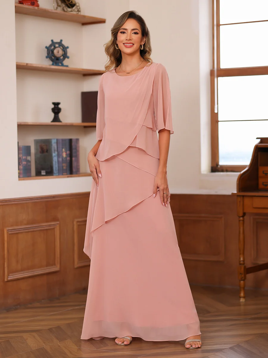 A-Line/Princess Scoop Short Sleeves Tiered Chiffon Mother of the Bride Dresses - Image 5
