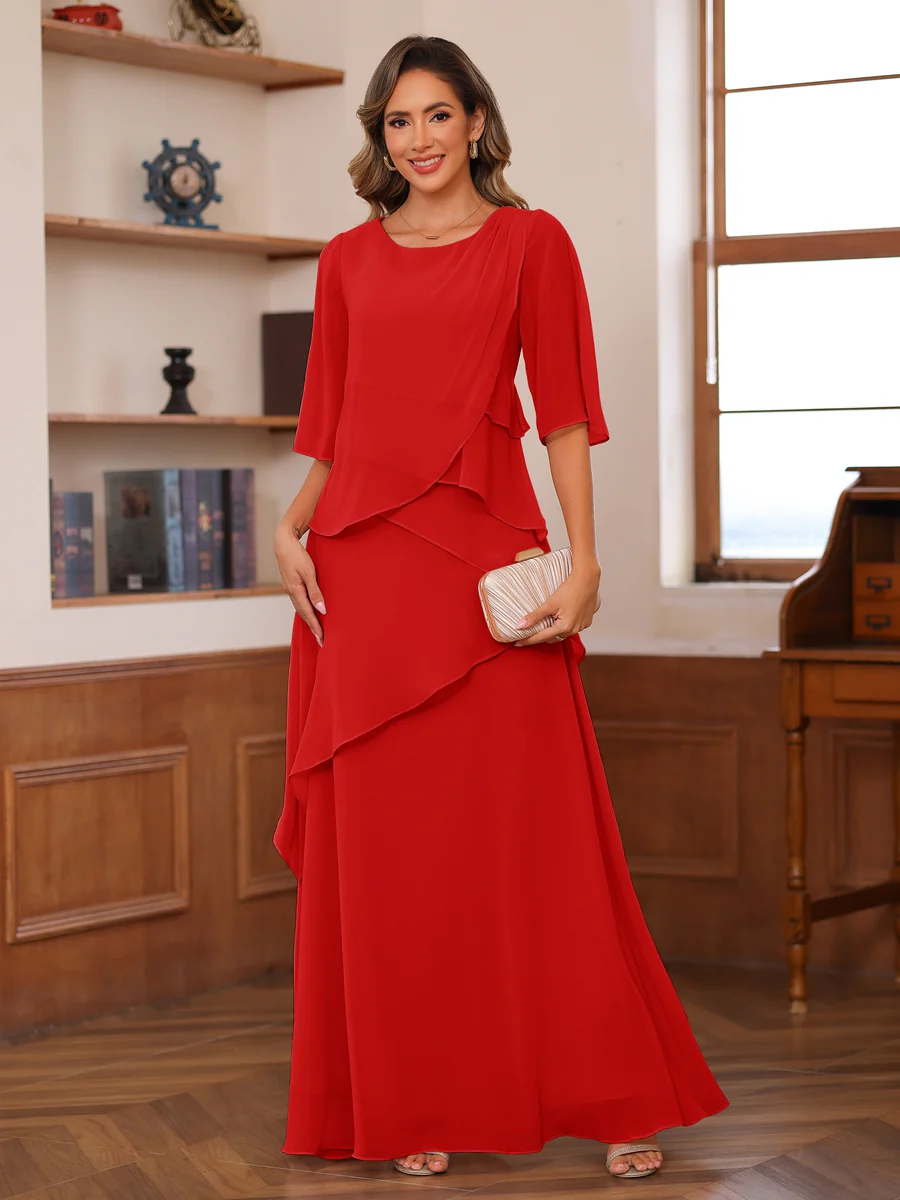 A-Line/Princess Scoop Short Sleeves Tiered Chiffon Mother of the Bride Dresses - Image 58