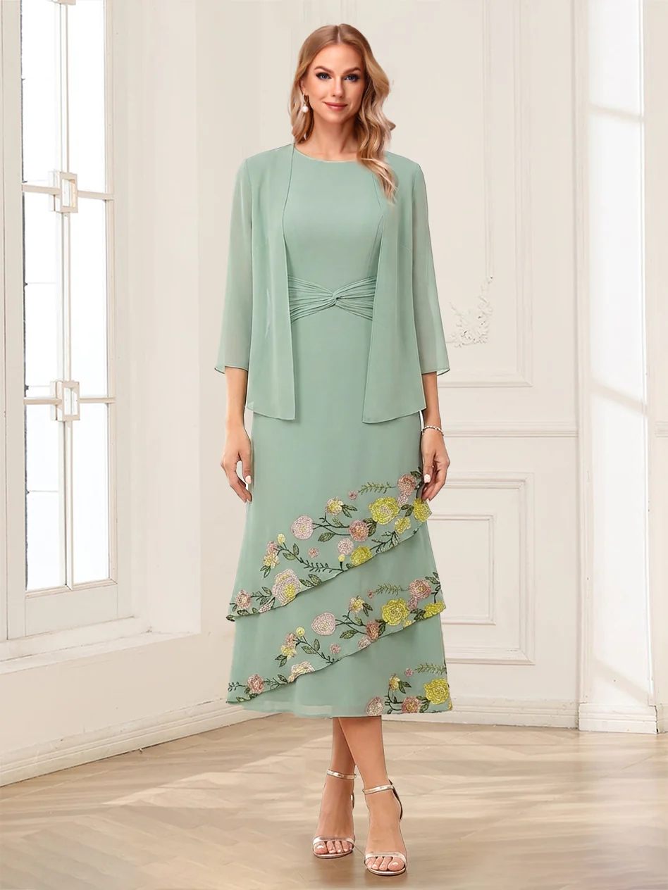 A-Line/Princess Scoop Sleeveless Tea-Length Mother of the Bride Dresses with Embroidery & Jacket