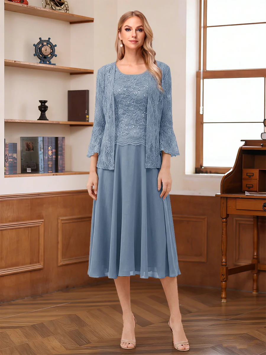A-Line/Princess Scoop Sleeveless Tea-Length Mother of the Bride Dresses with Lace & Jacket - Image 15