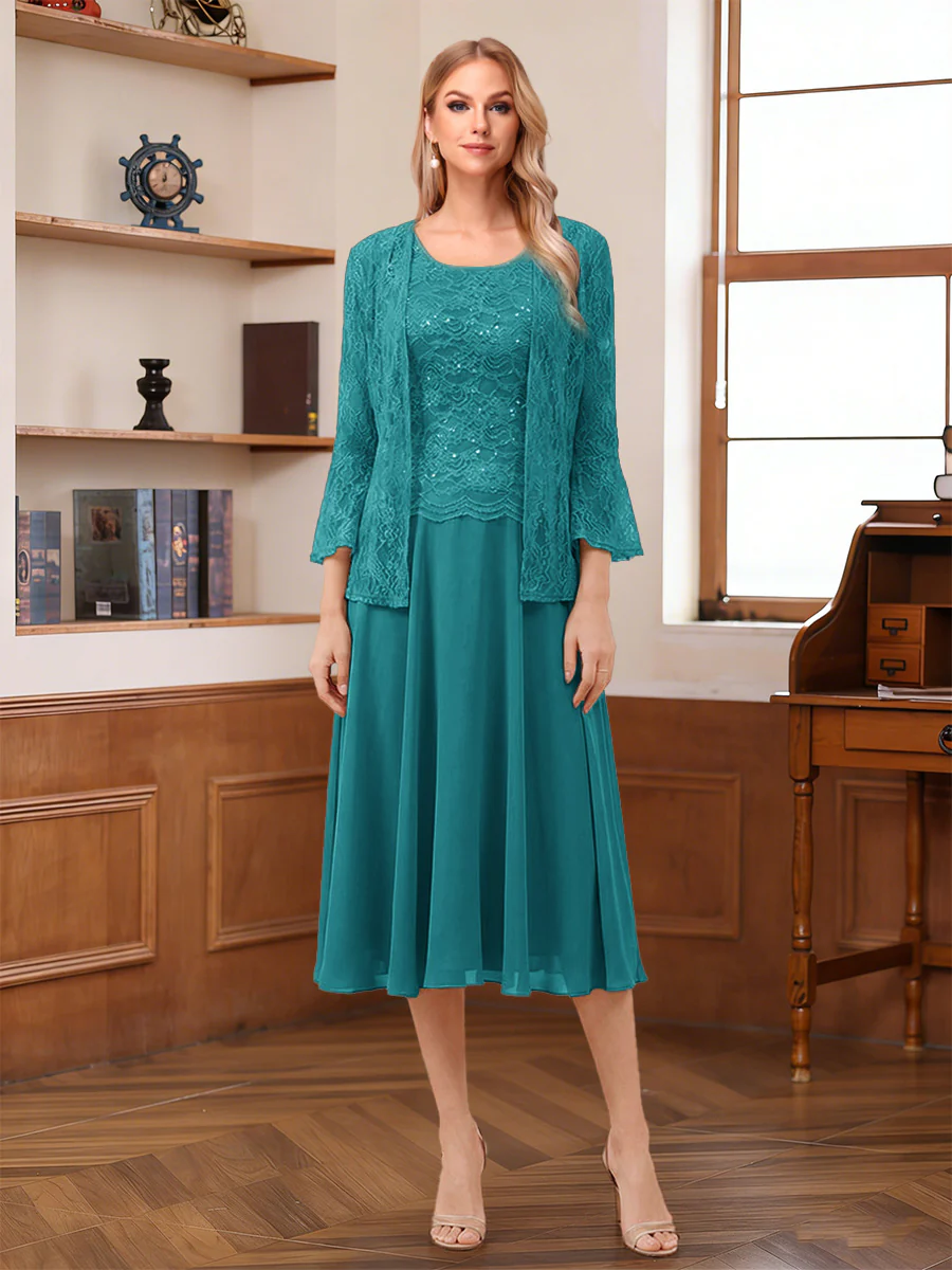 A-Line/Princess Scoop Sleeveless Tea-Length Mother of the Bride Dresses with Lace & Jacket - Image 4