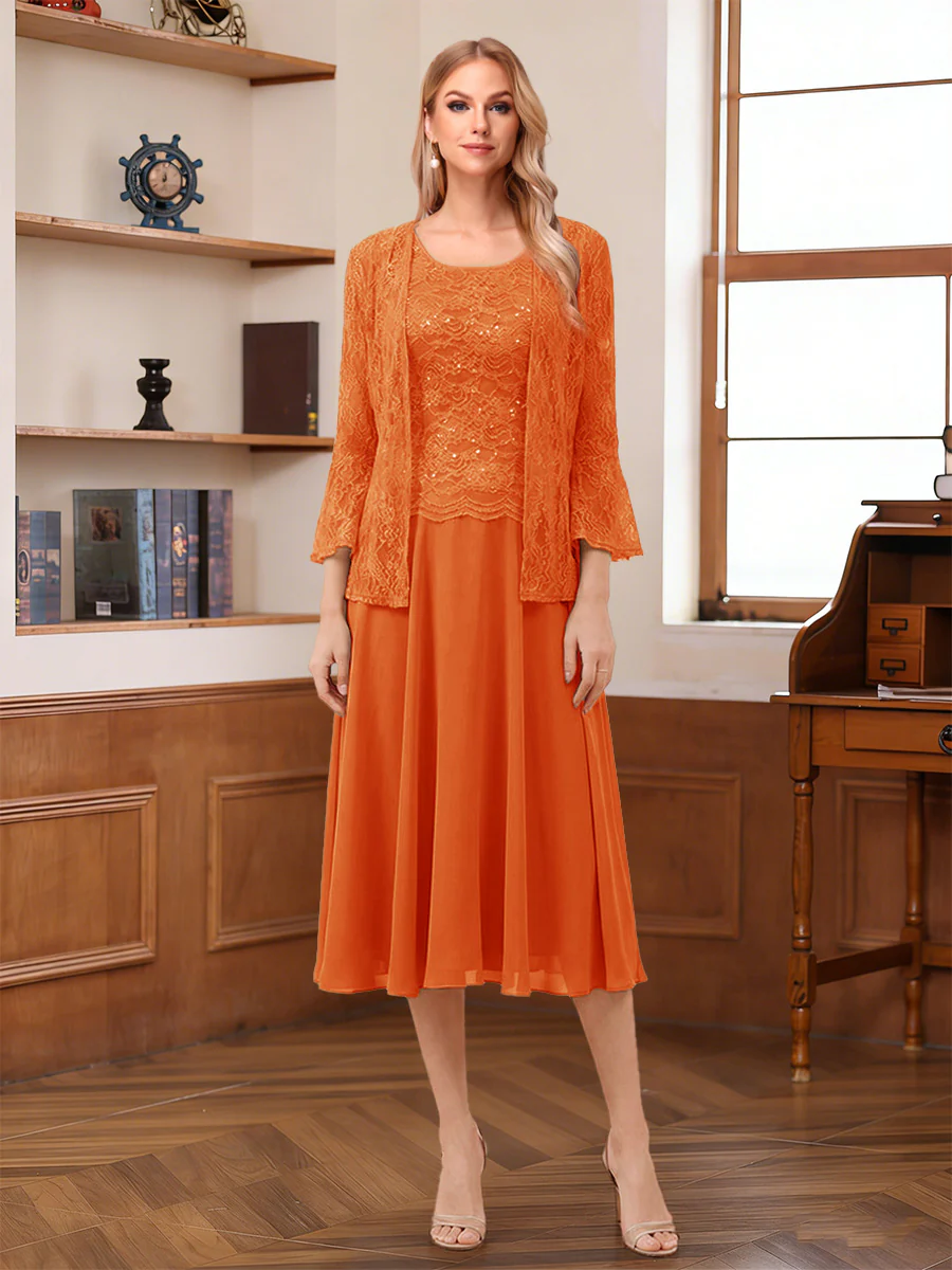 A-Line/Princess Scoop Sleeveless Tea-Length Mother of the Bride Dresses with Lace & Jacket - Image 48
