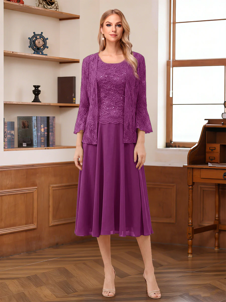 A-Line/Princess Scoop Sleeveless Tea-Length Mother of the Bride Dresses with Lace & Jacket - Image 49