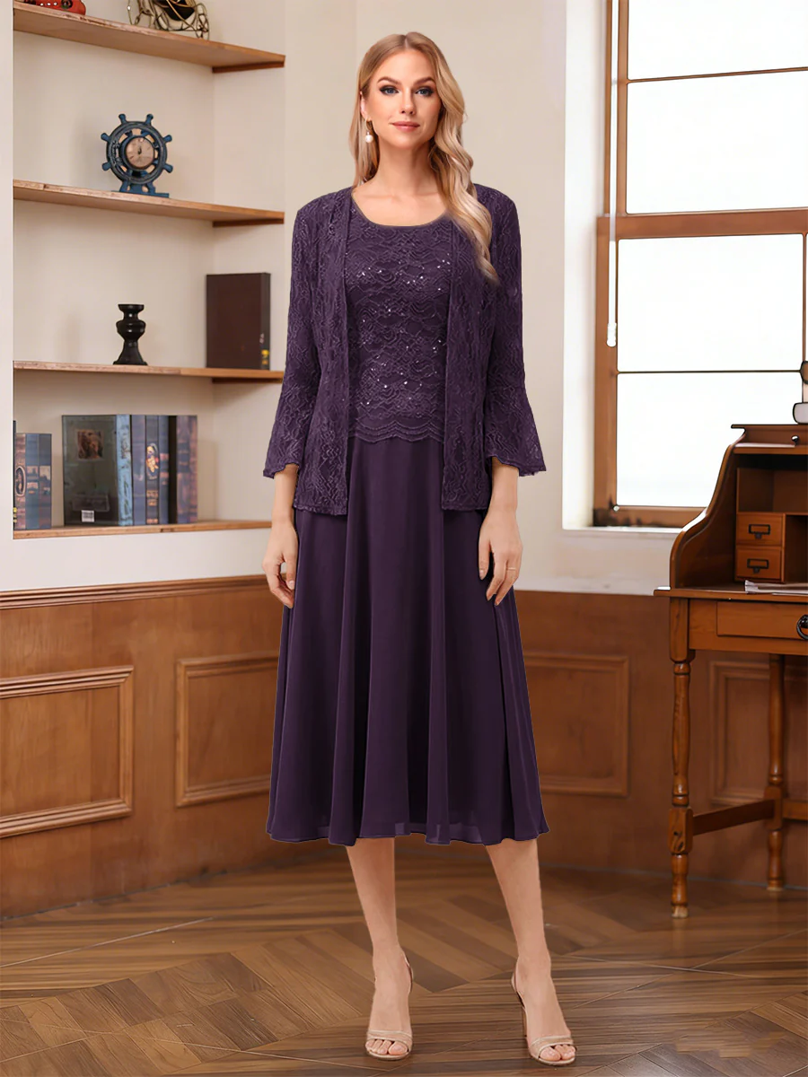 A-Line/Princess Scoop Sleeveless Tea-Length Mother of the Bride Dresses with Lace & Jacket - Image 54