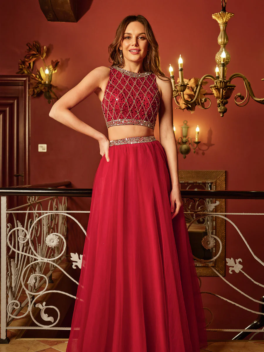 A-Line/Princess Scoop Sleeveless Tulle Sequins Two Piece Long Prom Dresses - Image 5