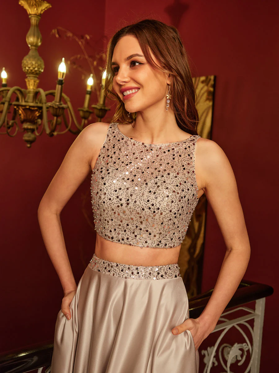 A-Line/Princess Scoop Sleeveless Two Piece Long Prom Dresses - Image 6