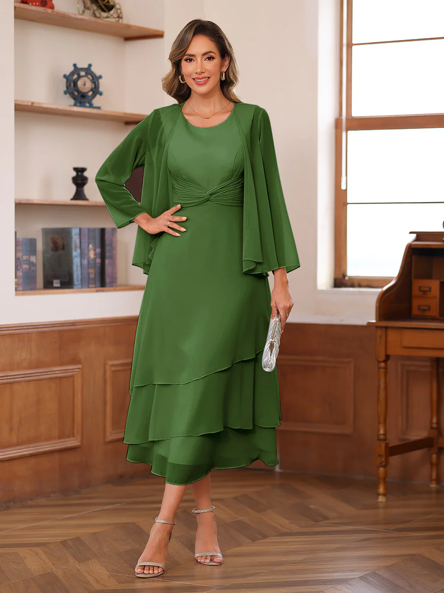 A-Line/Princess Scoop Two Pieces Tiered Mother of the Bride Dresses with Jacket - Image 50