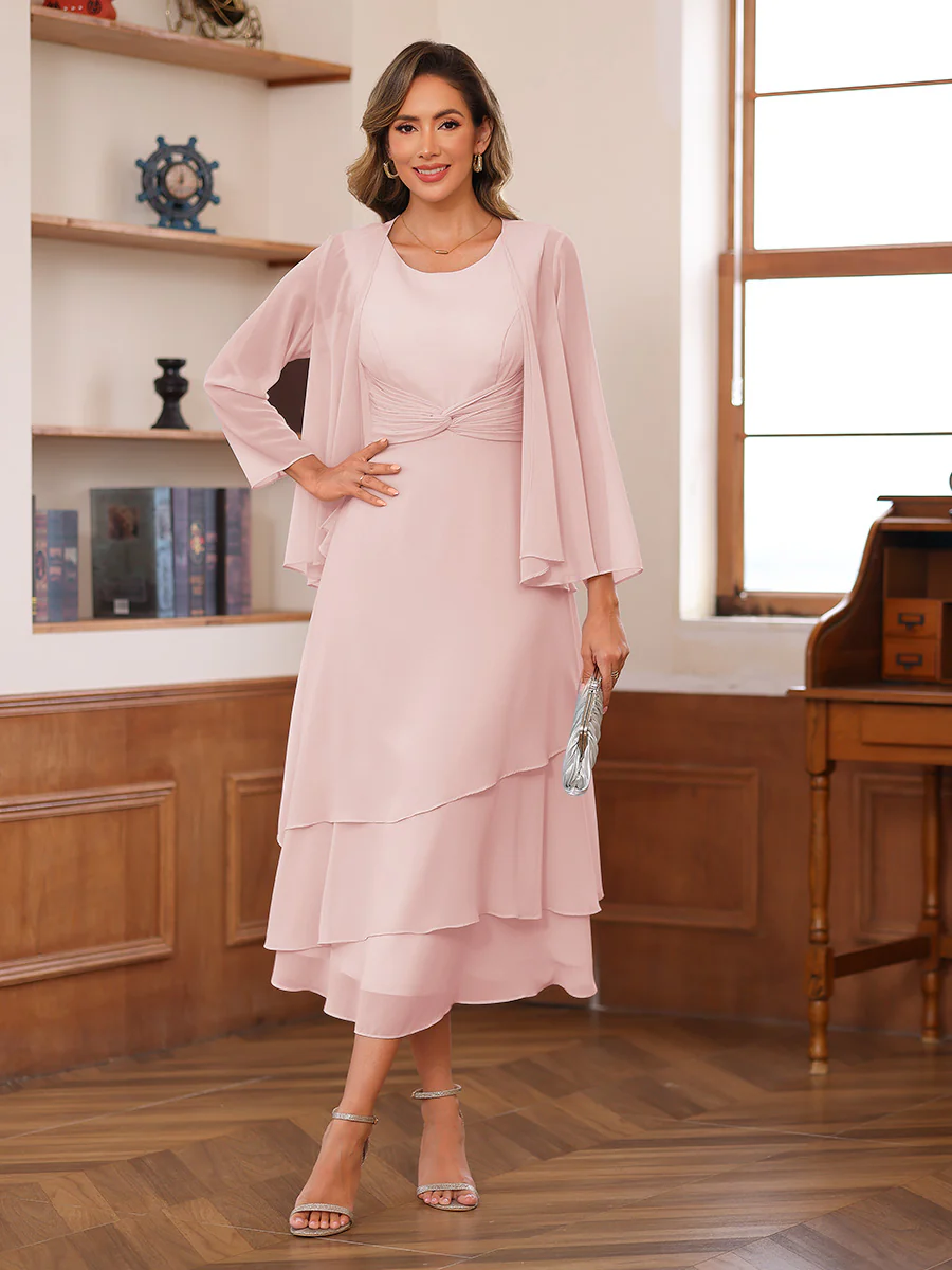 A-Line/Princess Scoop Two Pieces Tiered Mother of the Bride Dresses with Jacket - Image 55