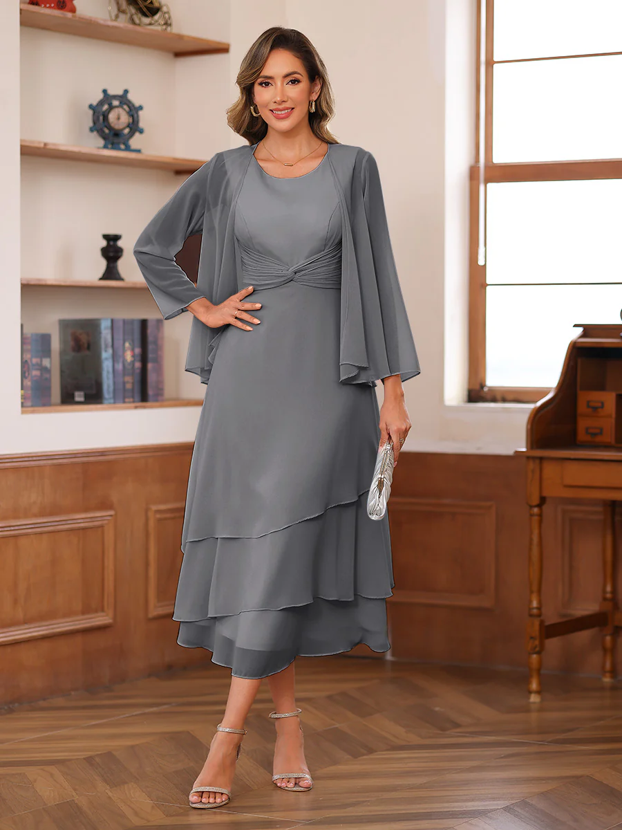 A-Line/Princess Scoop Two Pieces Tiered Mother of the Bride Dresses with Jacket - Image 65