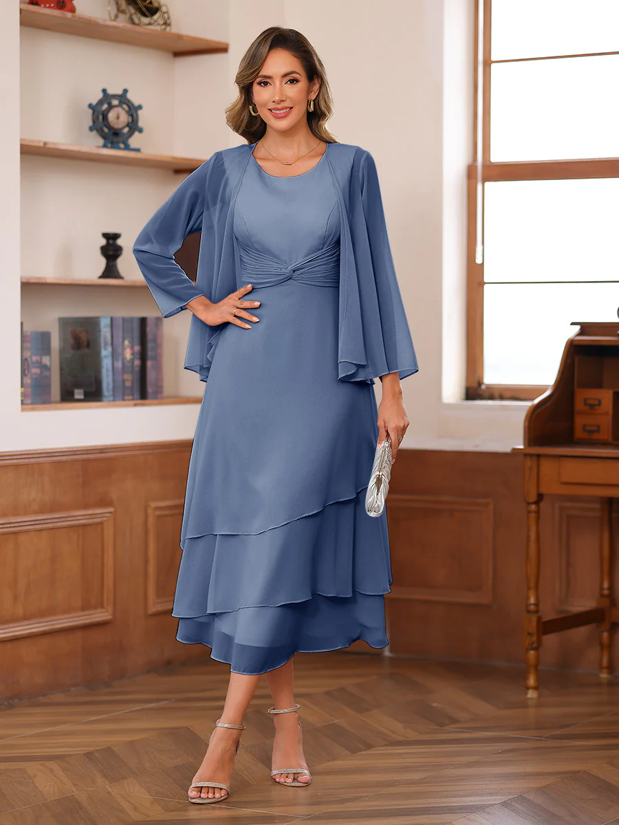 A-Line/Princess Scoop Two Pieces Tiered Mother of the Bride Dresses with Jacket - Image 68