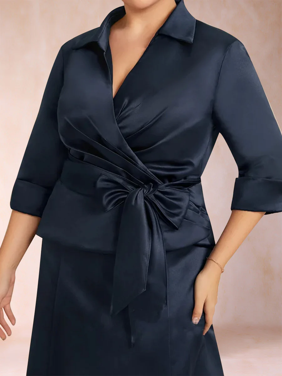 A-Line/Princess Separates V-Neck Two Piece Plus Size Mother of the Bride Dresses With Bow Pleats - Image 2