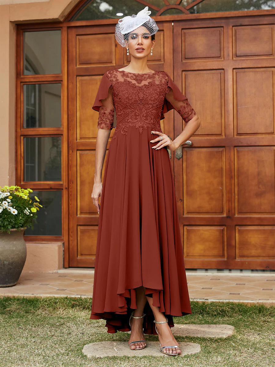 A-Line/Princess Sheer Neck Half Sleeves Long Evening Dresses with Appliques - Image 14