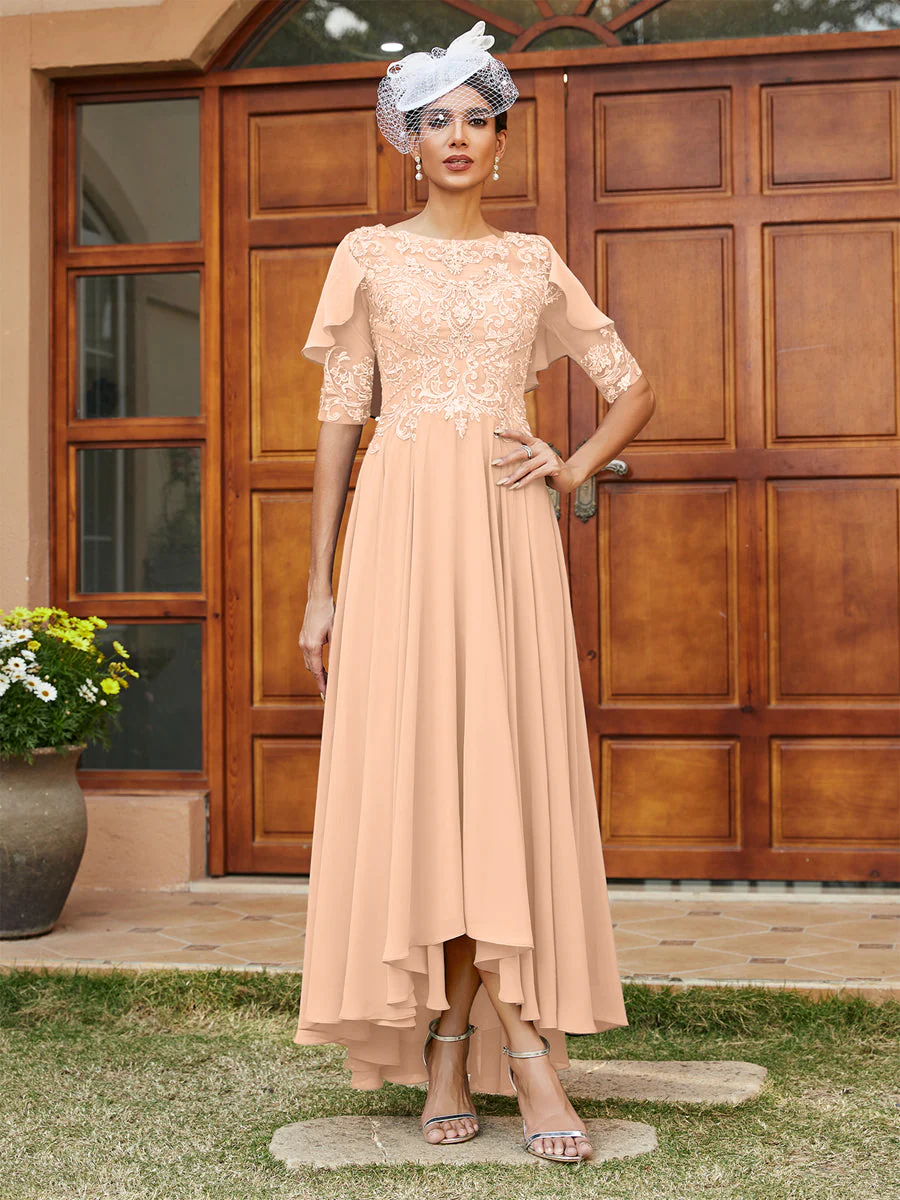 A-Line/Princess Sheer Neck Half Sleeves Long Evening Dresses with Appliques - Image 30