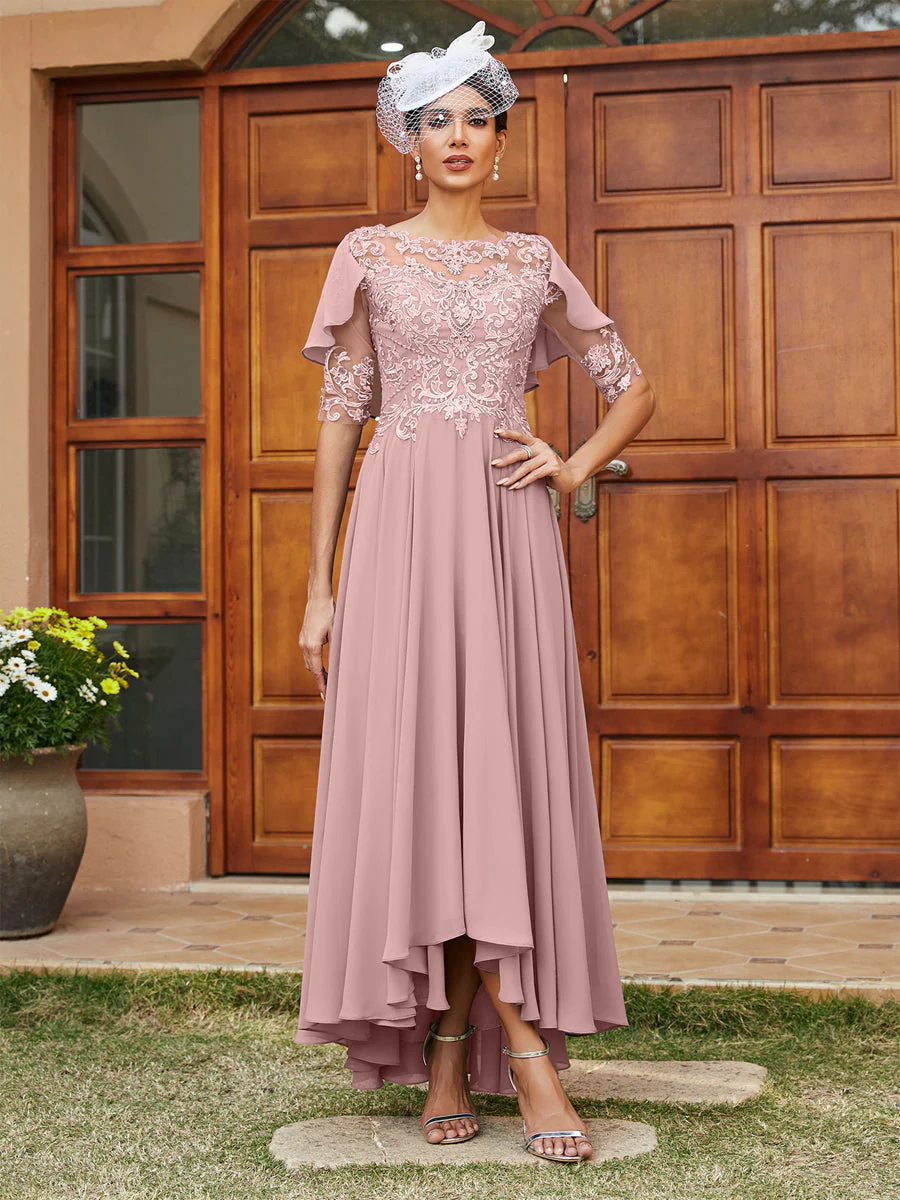 A-Line/Princess Sheer Neck Half Sleeves Long Evening Dresses with Appliques - Image 31