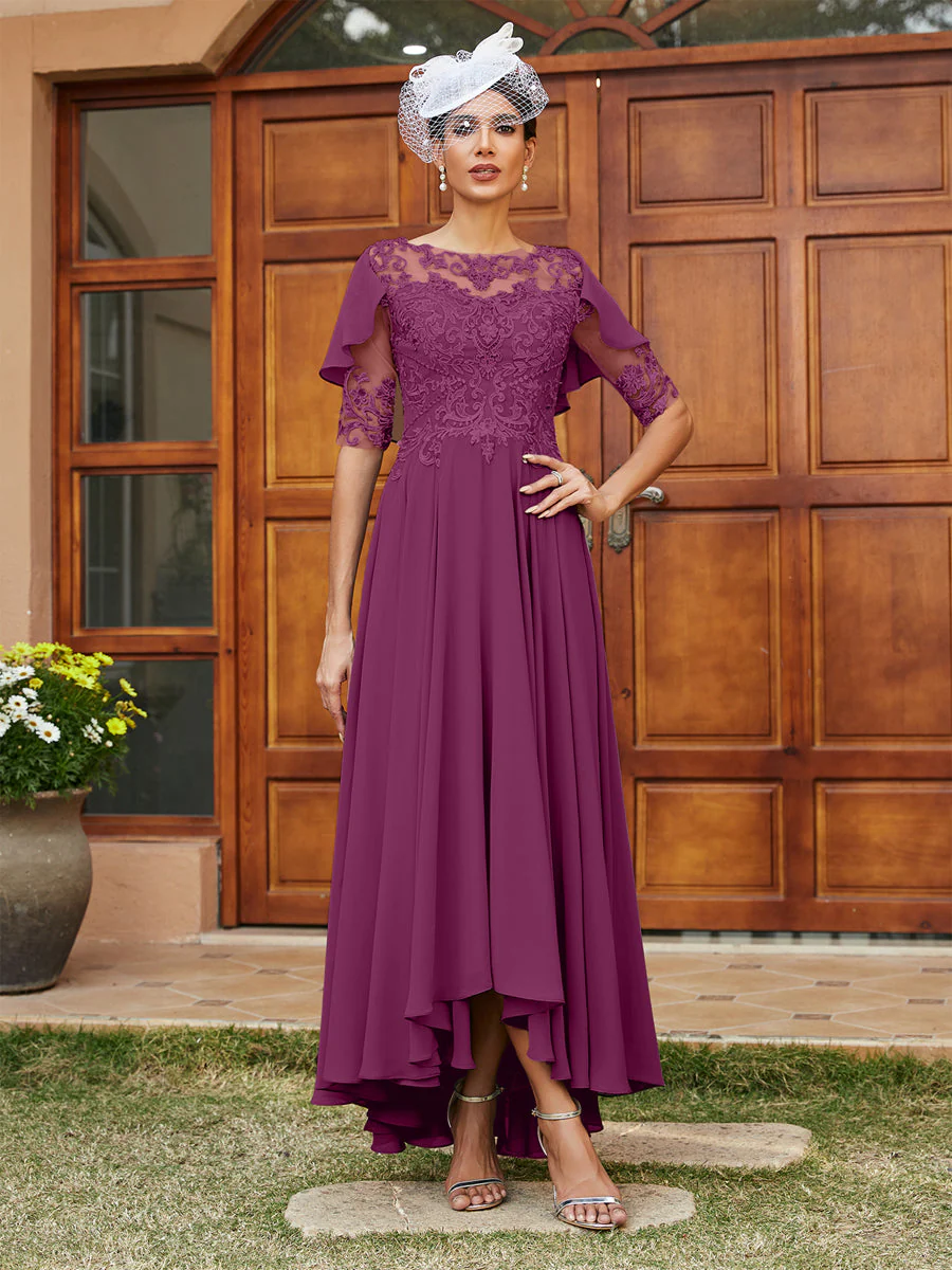 A-Line/Princess Sheer Neck Half Sleeves Long Evening Dresses with Appliques - Image 44