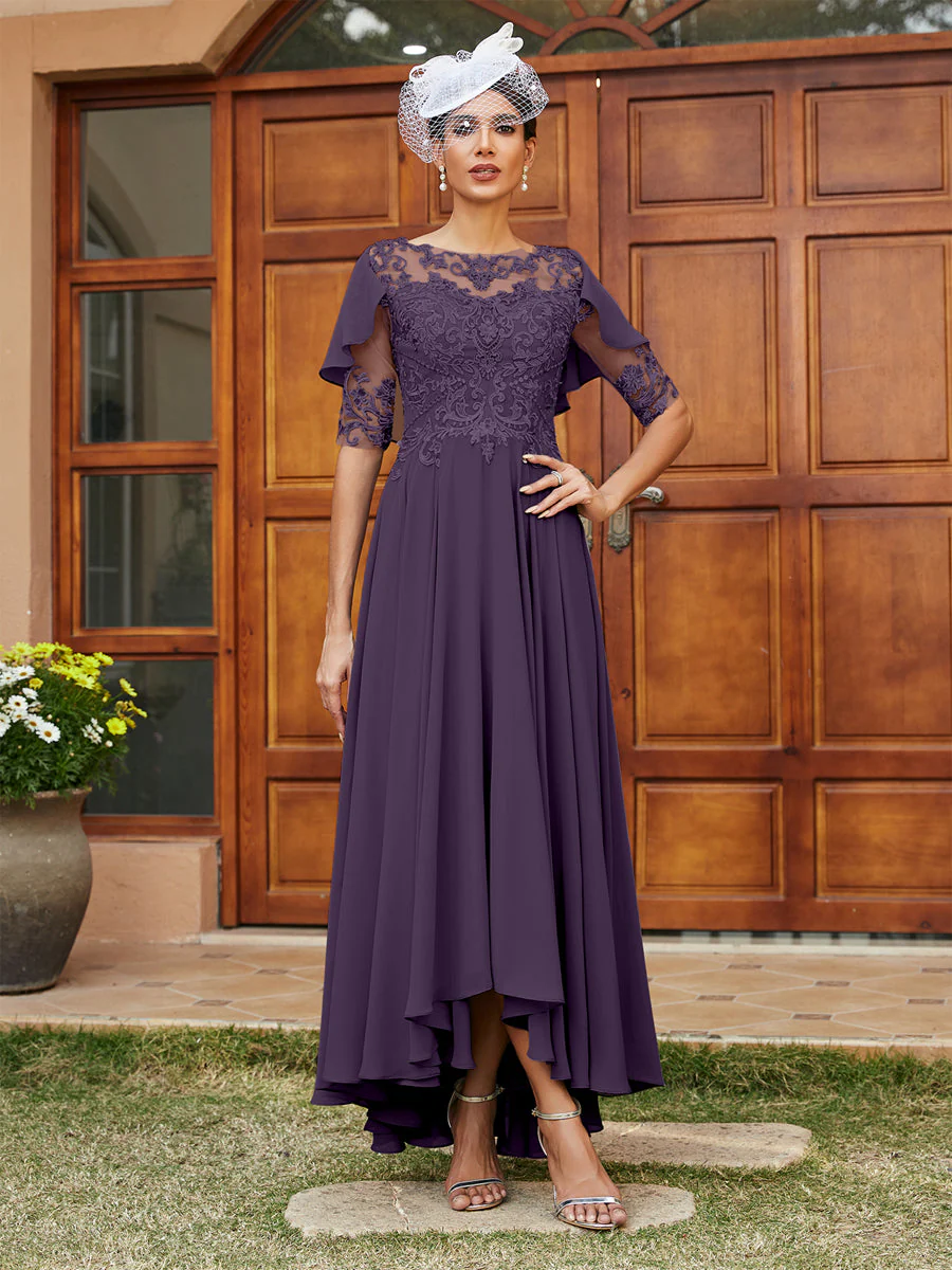 A-Line/Princess Sheer Neck Half Sleeves Long Evening Dresses with Appliques - Image 45