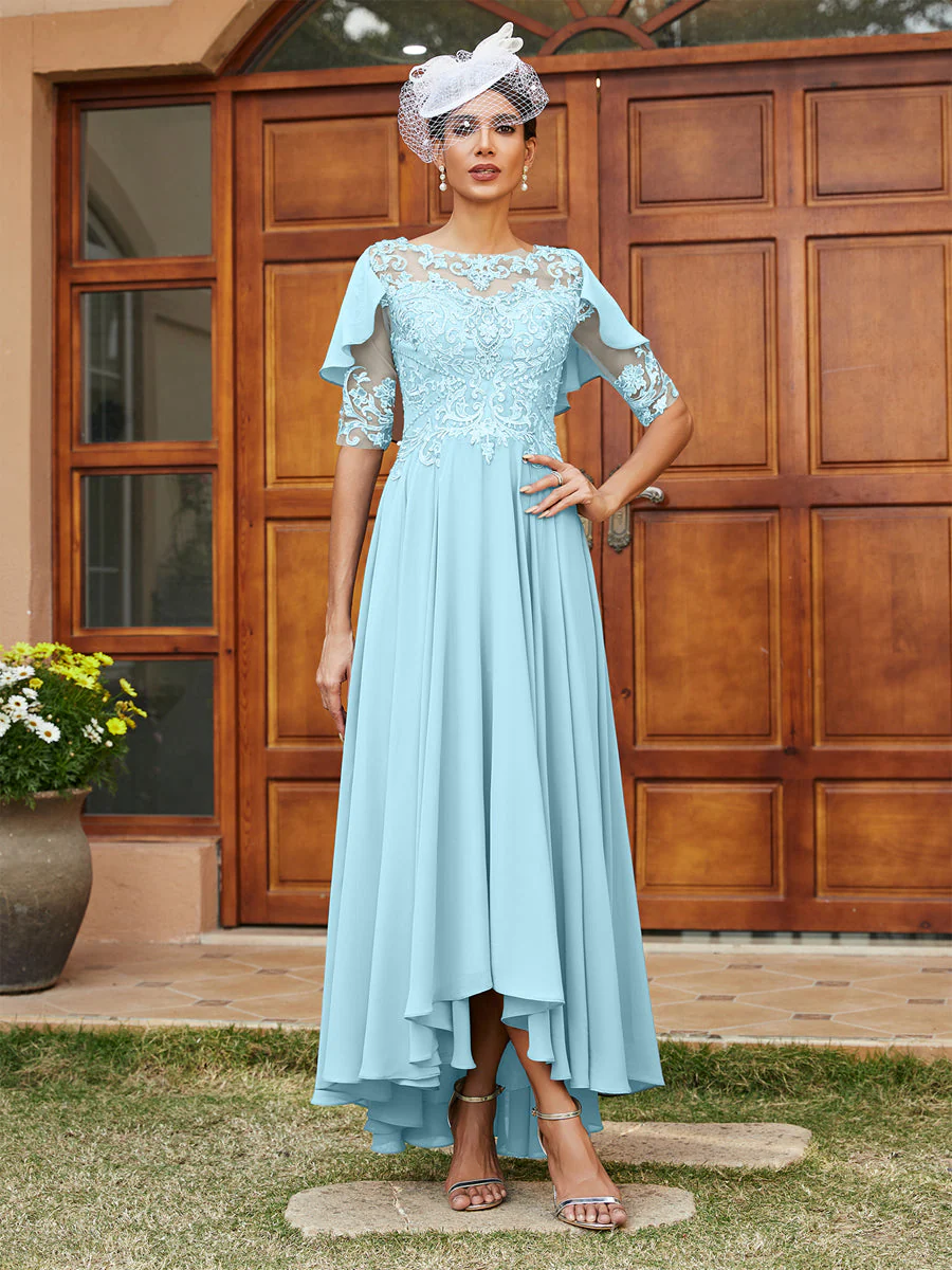A-Line/Princess Sheer Neck Half Sleeves Long Evening Dresses with Appliques - Image 49