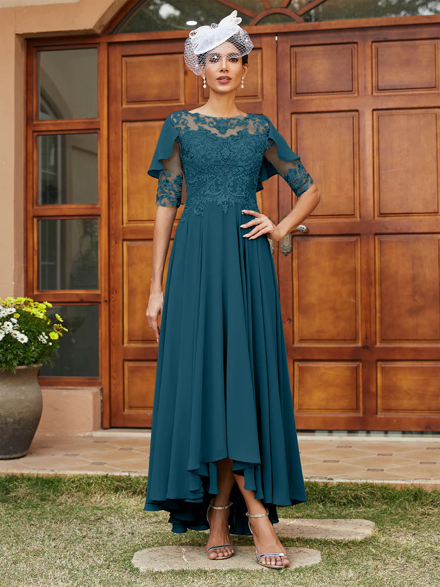 A-Line/Princess Sheer Neck Half Sleeves Long Evening Dresses with Appliques - Image 58