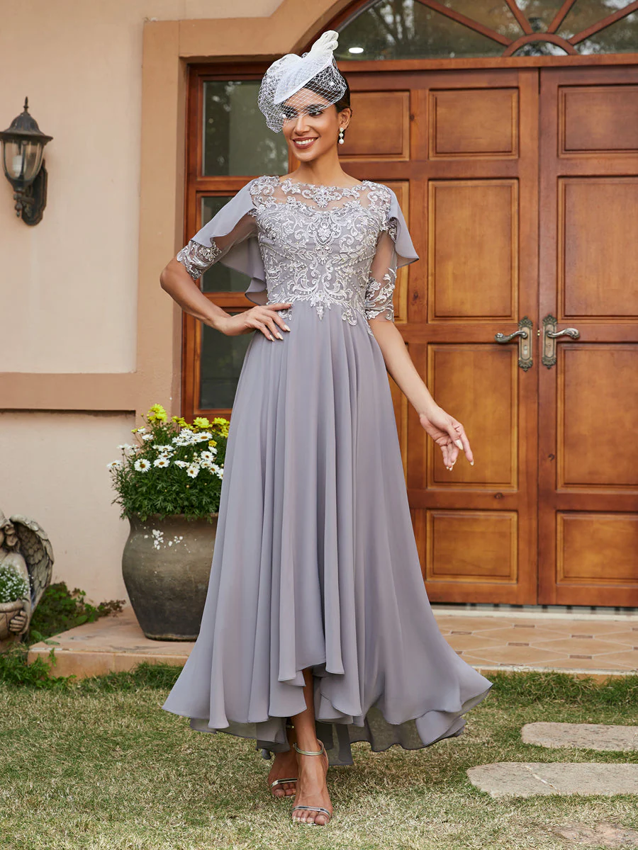 A-Line/Princess Sheer Neck Half Sleeves Long Evening Dresses with Appliques - Image 6