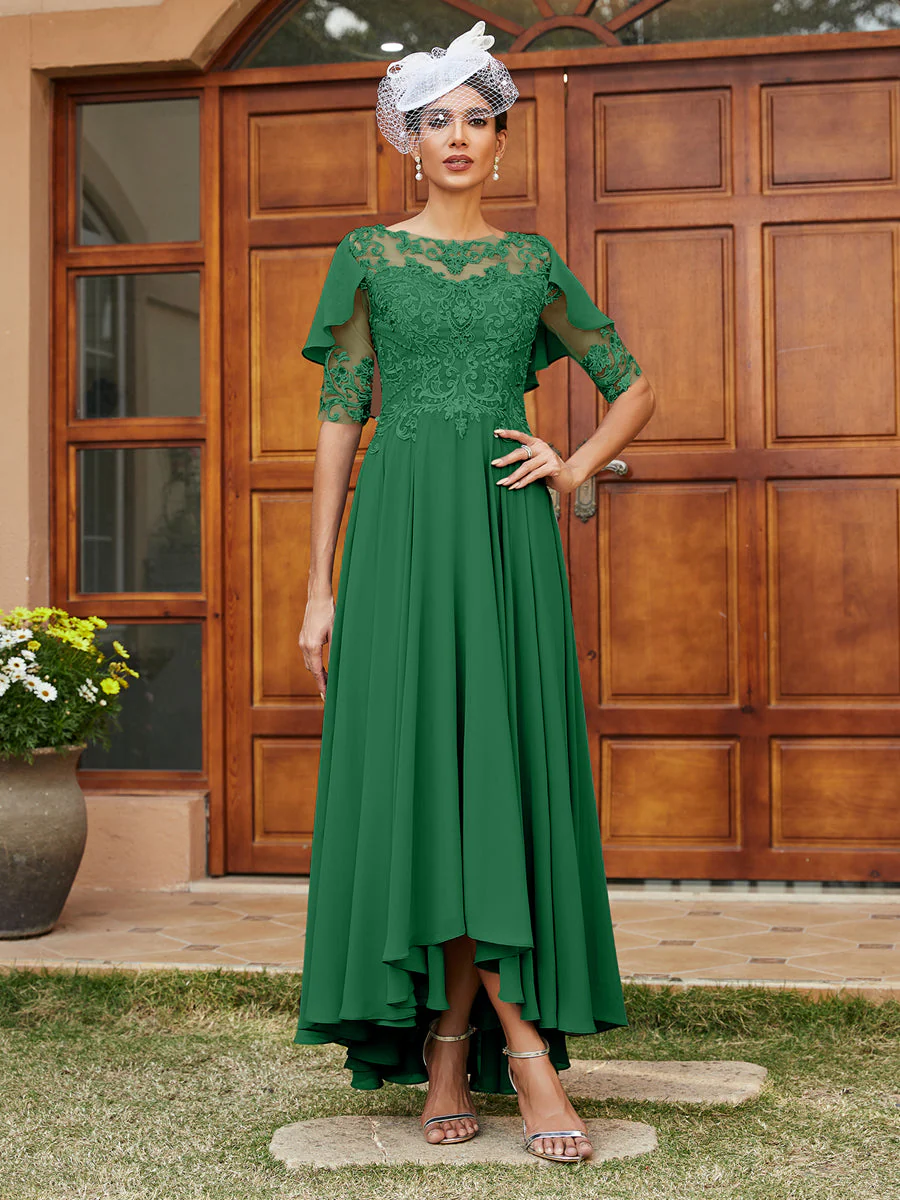 A-Line/Princess Sheer Neck Half Sleeves Long Evening Dresses with Appliques - Image 66