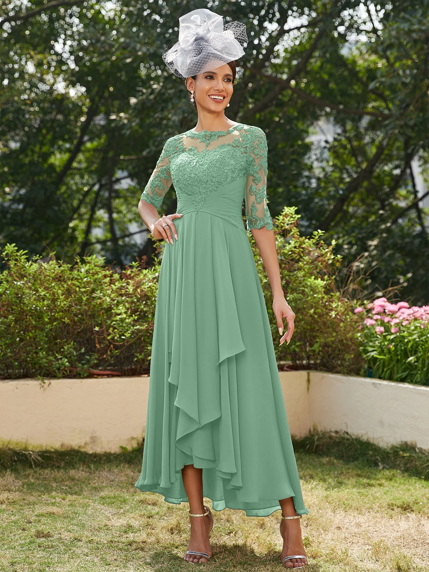 A-Line/Princess Sheer Neck Half Sleeves Long Evening Dresses with Appliques - Image 19