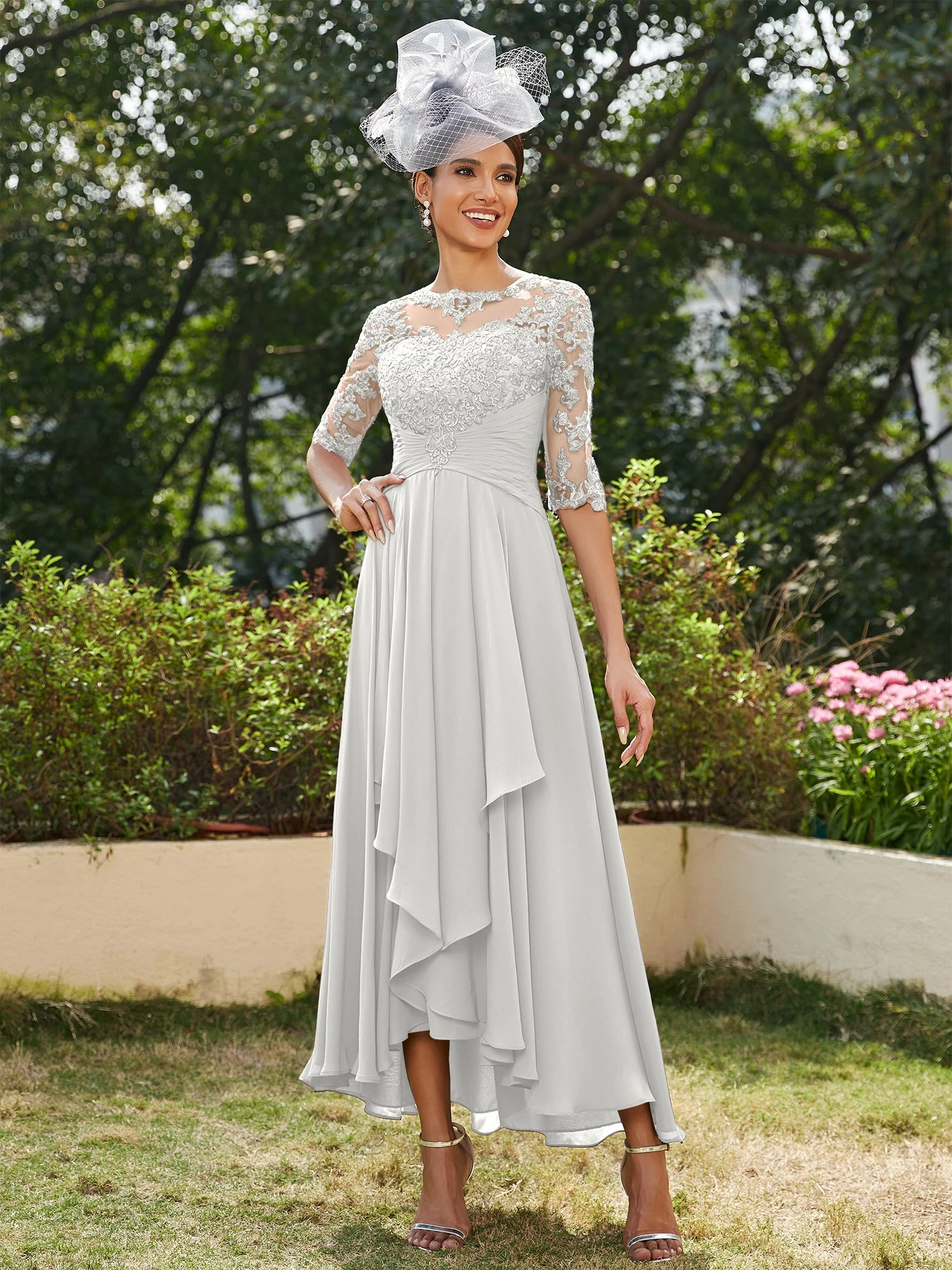 A-Line/Princess Sheer Neck Half Sleeves Long Evening Dresses with Appliques - Image 22