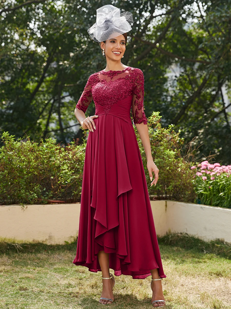 A-Line/Princess Sheer Neck Half Sleeves Long Evening Dresses with Appliques - Image 40